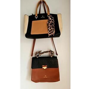 2-Nanette Lepore Bags 1-Crossbody  1-Satchel Tan Black Cream w/ Leopard Feature